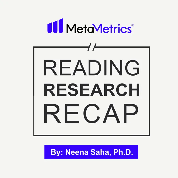 MetaMetrics logo above the text "READING RESEARCH RECAP" inside a black rectangular border, with a blue box below containing the text "By: Neena Saha, Ph.D."