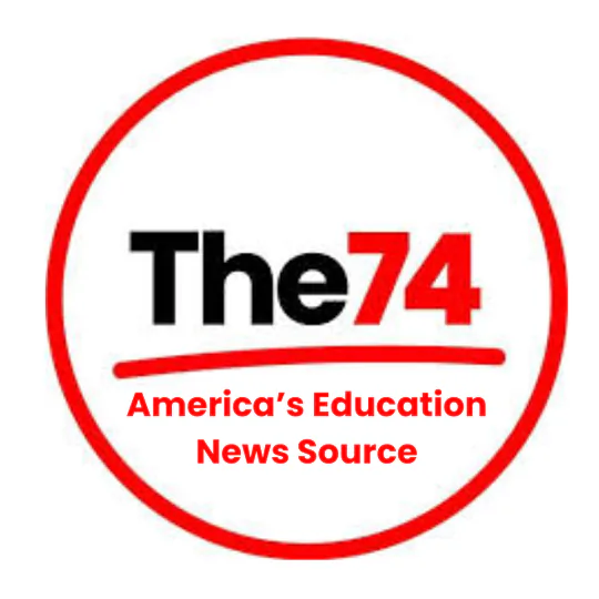 The bold text "The 74" with "74" in red and underlined above the red text "America’s Education News Source," all enclosed in a red circle.