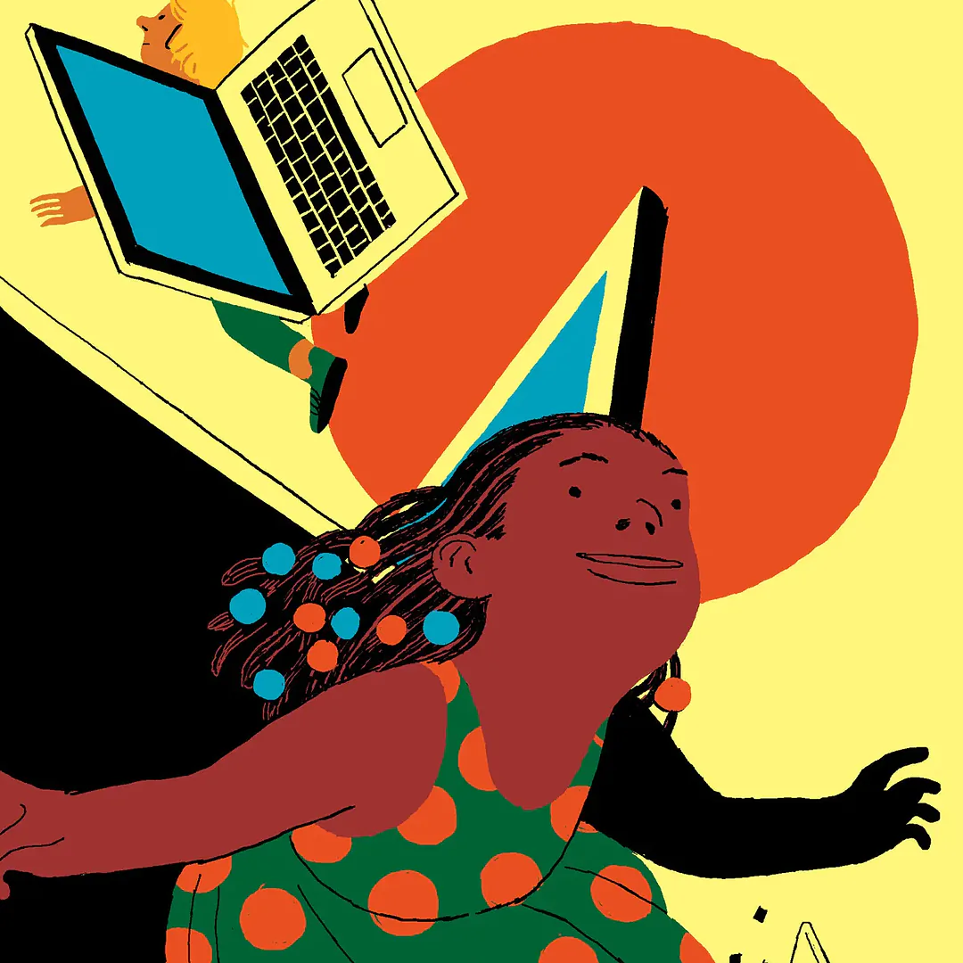 A girl with dark skin and long braided hair, wearing a green dress with orange polka dots, joyfully runs forward with one arm outstretched. Behind her, a child with light skin and blonde hair is floating slightly above the ground, carrying an open laptop. The background features a bright yellow color with a large red circle and a blue triangle.