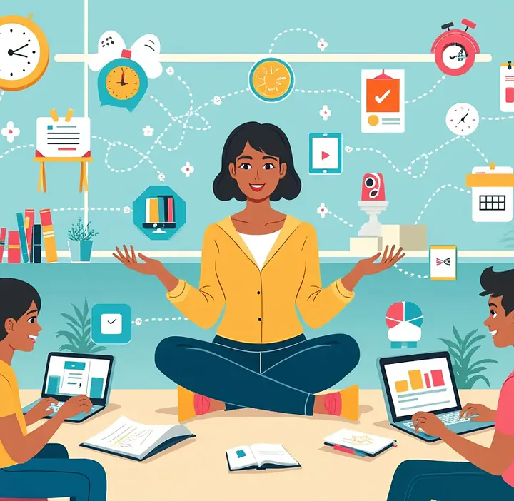 A woman in a yellow cardigan sits cross-legged on the floor with two children using laptops around her, surrounded by floating icons of clocks, checkmarks, graph charts, books, and a calendar on a light blue background.