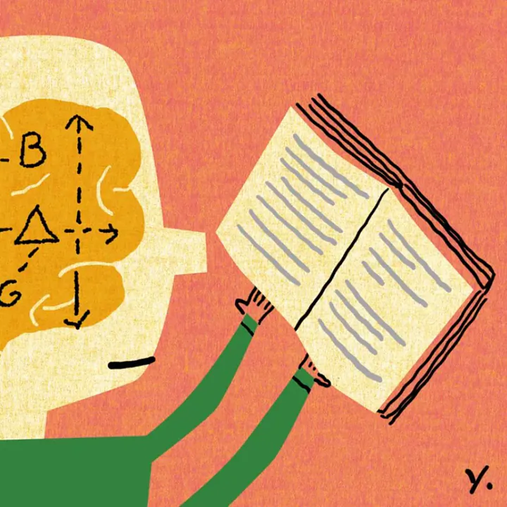 A person with mathematical symbols and arrows inside their head holds an open book with lines representing text against a pink background.