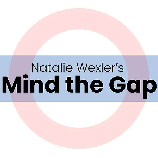 Natalie Wexler’s Mind the Gap is displayed with black text over a light blue horizontal band on a background resembling the London Underground roundel.