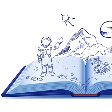 An open book with illustrated scenes of space exploration. There is a smiling astronaut waving, standing on a rocky surface, with mountains in the background. Above, two small planets float in the sky. A robotic vehicle is visible on the right side of the page, adding to the adventurous theme of space discovery.